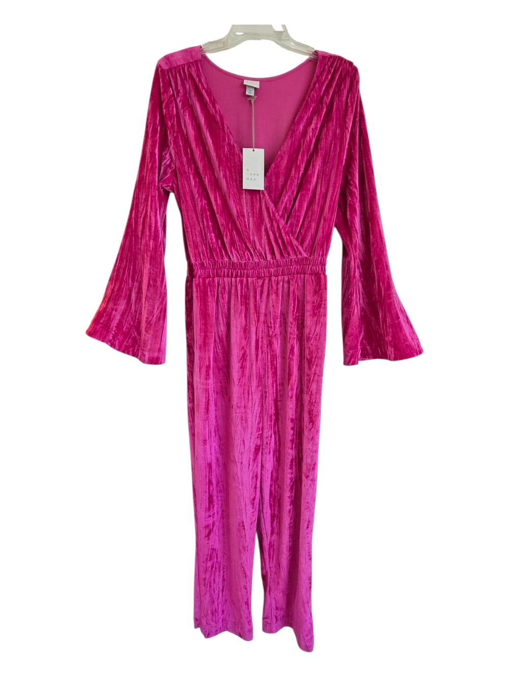 A New Day Women's Bell Sleeve Velour Jumpsuit NWT Hot Pink M Lush Party Suit - Picture 6 of 10